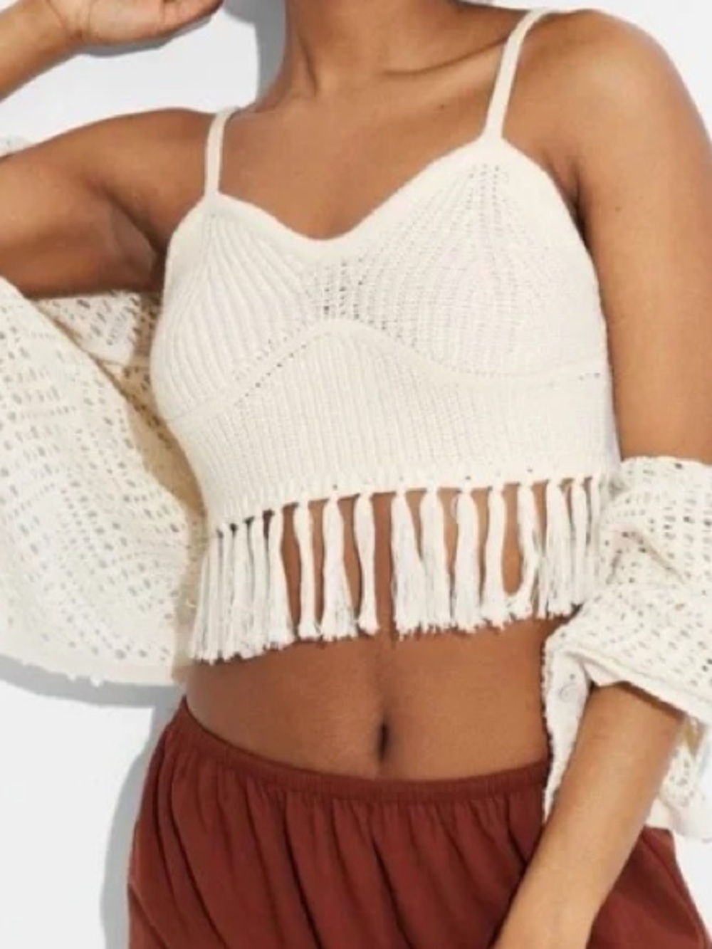 Wild Fable Cream Knit Fringe Crochet Style Crop Tank Top